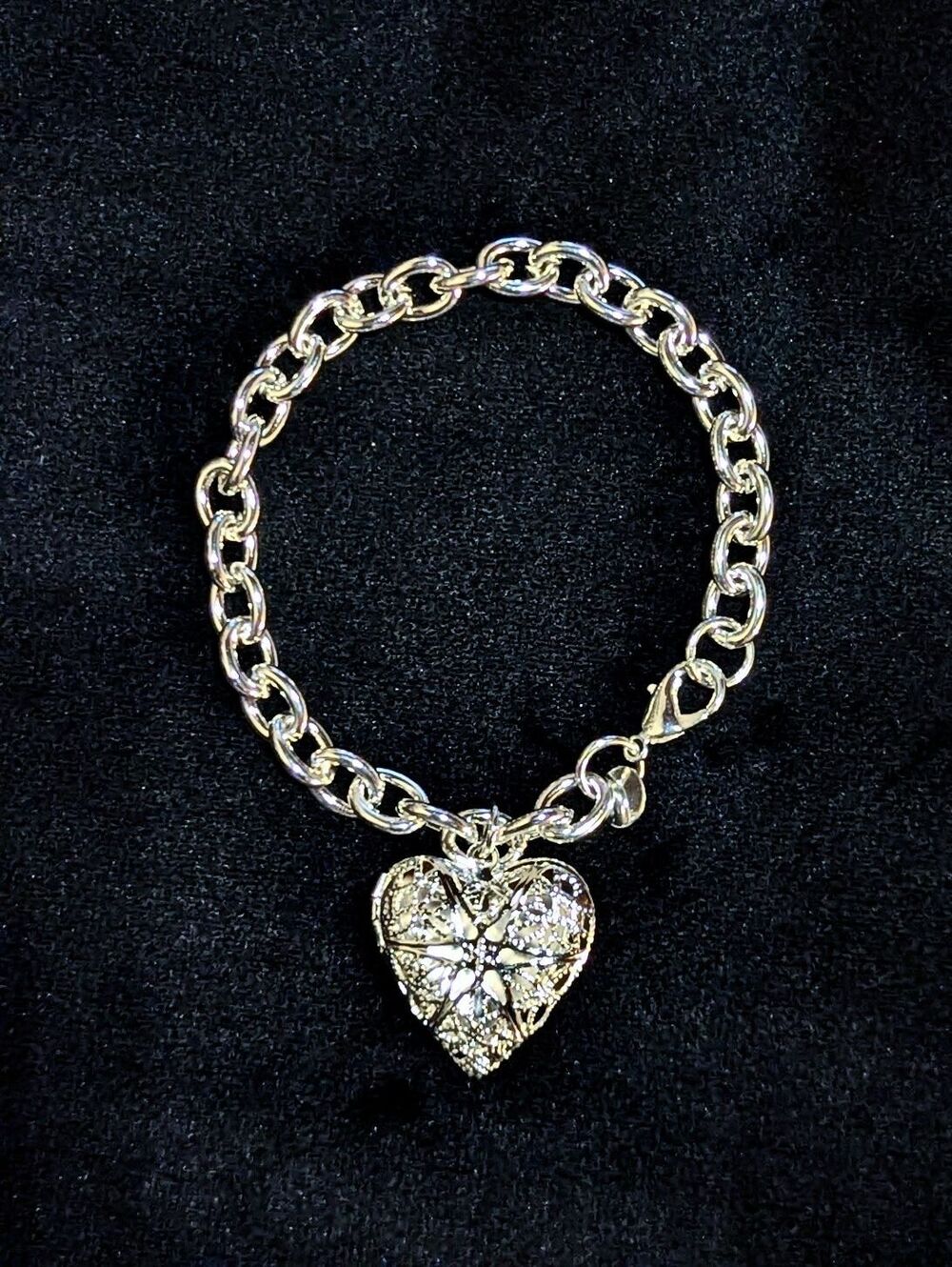 Silver Heart Locket Charm Bracelet Filagree Adjustable Picture Mom Gift Plated